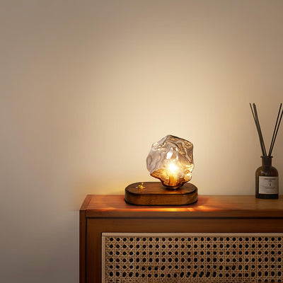 Lampe de Table en Verre Ice Stone – Design Élégant avec Base Métal et Bois