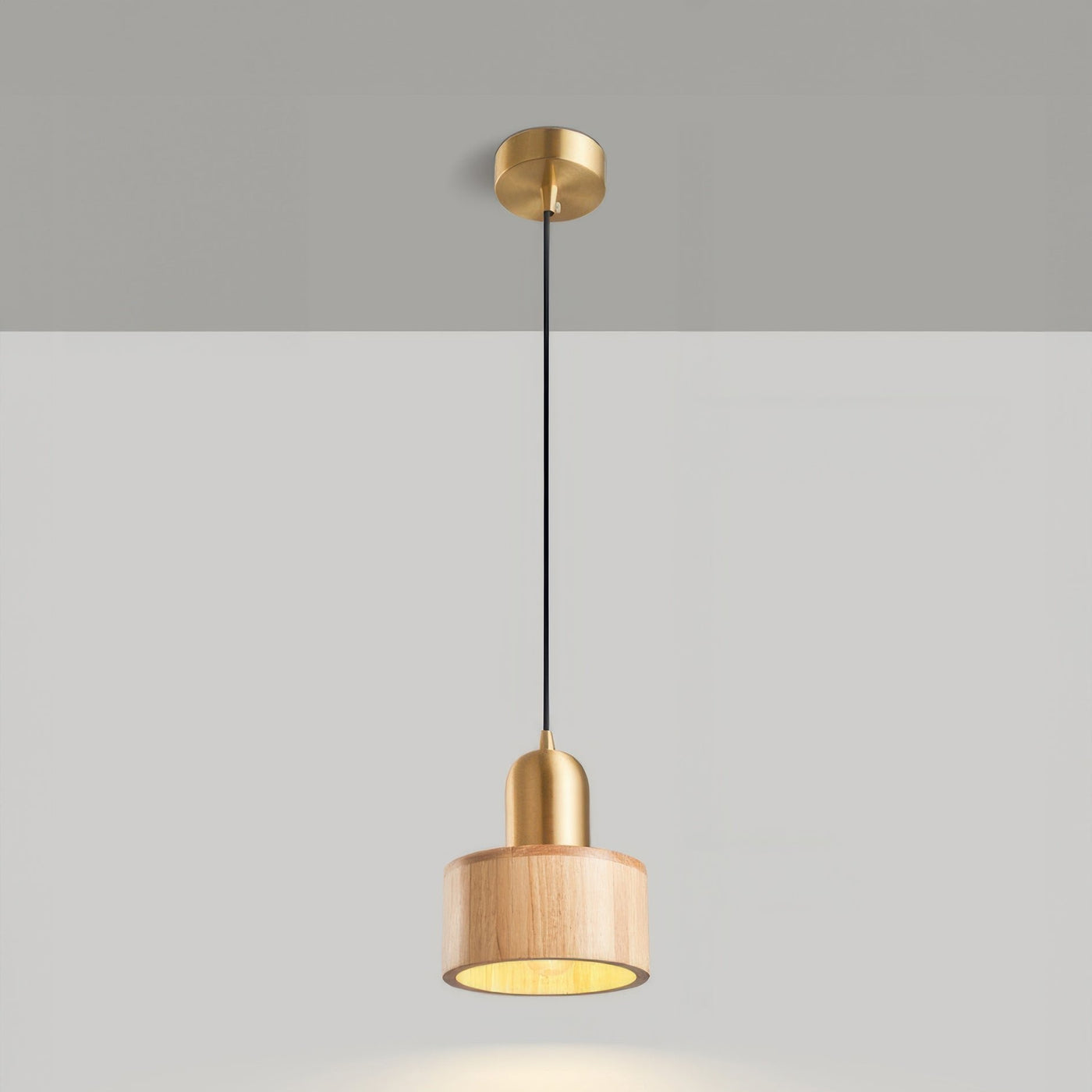 Suspension Cylinder – Lampe Moderne en Laiton et Bois avec Éclairage LED