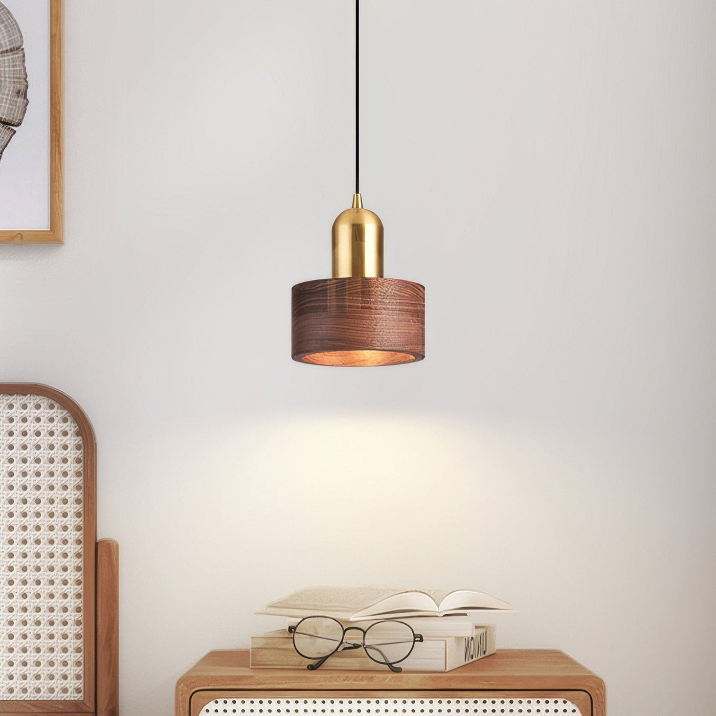 Suspension Cylinder – Lampe Moderne en Laiton et Bois avec Éclairage LED