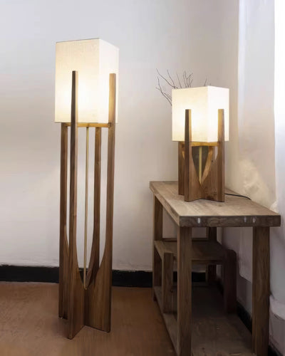 Lampe Sur Pied Japonaise en Bois de Noyer - Éclairage LED avec Abat-jour en Coton et Lin, Douille E27