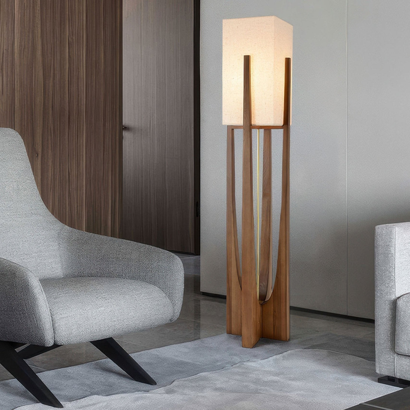 Lampe Sur Pied Japonaise en Bois de Noyer - Éclairage LED avec Abat-jour en Coton et Lin, Douille E27