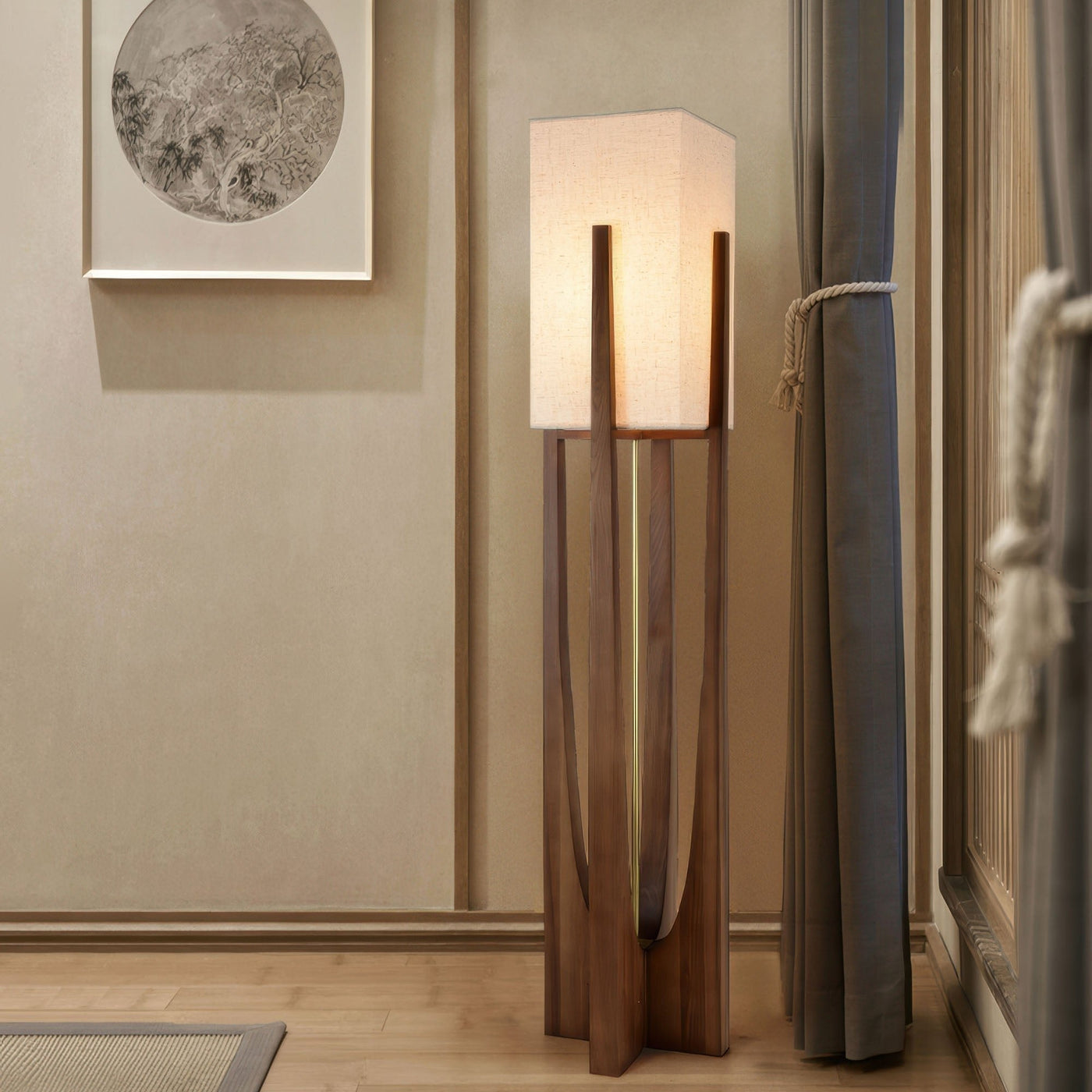 Lampe Sur Pied Japonaise en Bois de Noyer - Éclairage LED avec Abat-jour en Coton et Lin, Douille E27