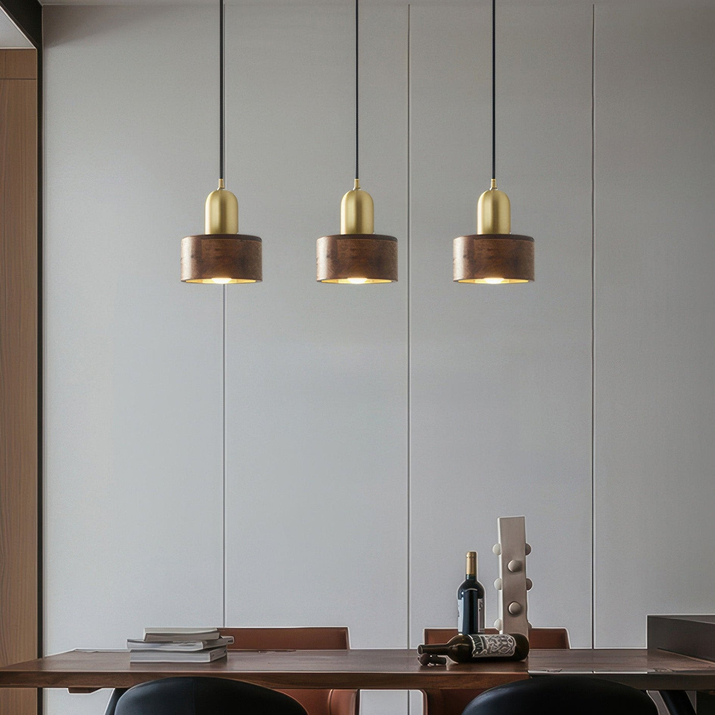 Suspension Cylinder – Lampe Moderne en Laiton et Bois avec Éclairage LED