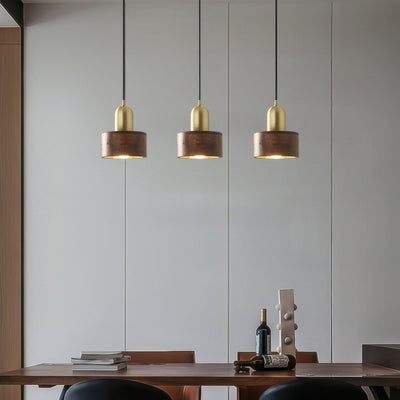 Suspension Cylinder – Lampe Moderne en Laiton et Bois avec Éclairage LED