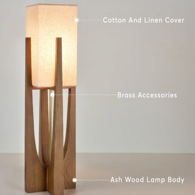 Lampe Sur Pied Japonaise en Bois de Noyer - Éclairage LED avec Abat-jour en Coton et Lin, Douille E27