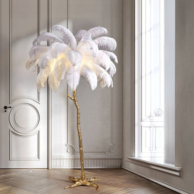 Lampe sur Pied avec Plumes d’Autruche – Élégance et Design Moderne en Résine