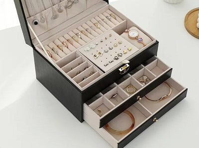 Grande Boîte à Bijoux en Cuir – Organisateur Multicouche Élégant, Rangement Sécurisé pour Bijoux