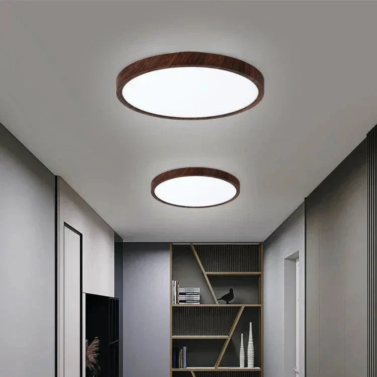 Plafonnier Circulaire Ultra-Fin – Design Minimaliste avec Finition en Noyer et Éclairage LED Réglable