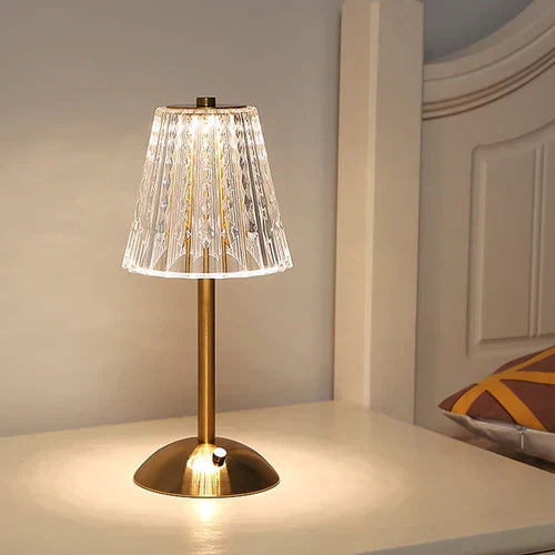 Lampe de Table Cristal Doré LED - Design Moderne avec Fonction Tactile et Sans Fil