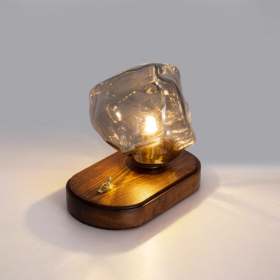 Lampe de Table en Verre Ice Stone – Design Élégant avec Base Métal et Bois